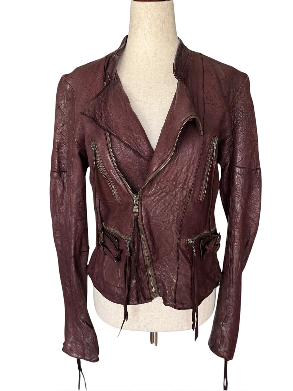 Vintage y2k Christian Peau Burgundy Goat Leather Moto Jacket sz 38
